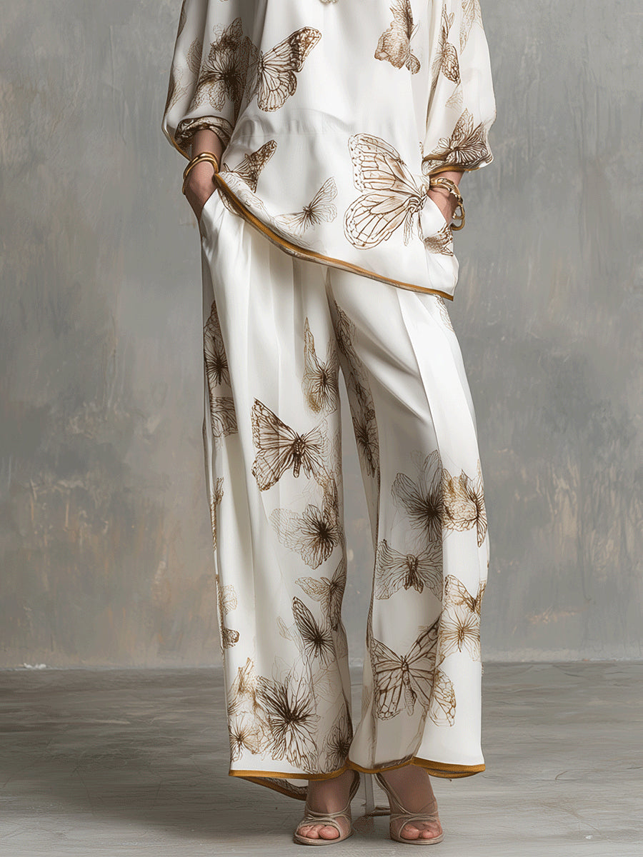 Blanchefleur | Ensemble Deux Pièces Haut Satiné Col V à Imprimé Papillons et Pantalon Large, Ivoire