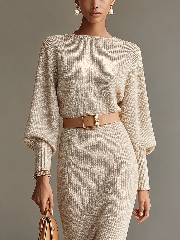 Élisabeth | Robe Midi à Col Bateau, Manches Blouson et Fente Latérale, Avoine (avec Ceinture)