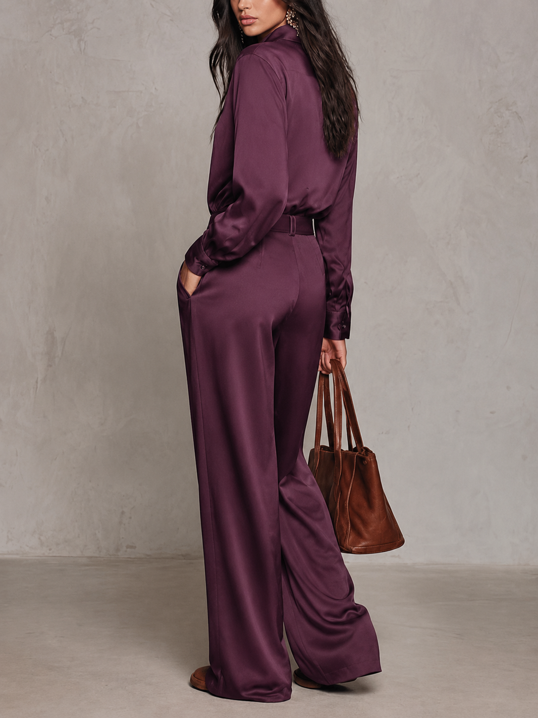 Marcelline | Ensemble Deux Pièces Chemise Satinée et Pantalon Large, Prune (avec Ceinture)