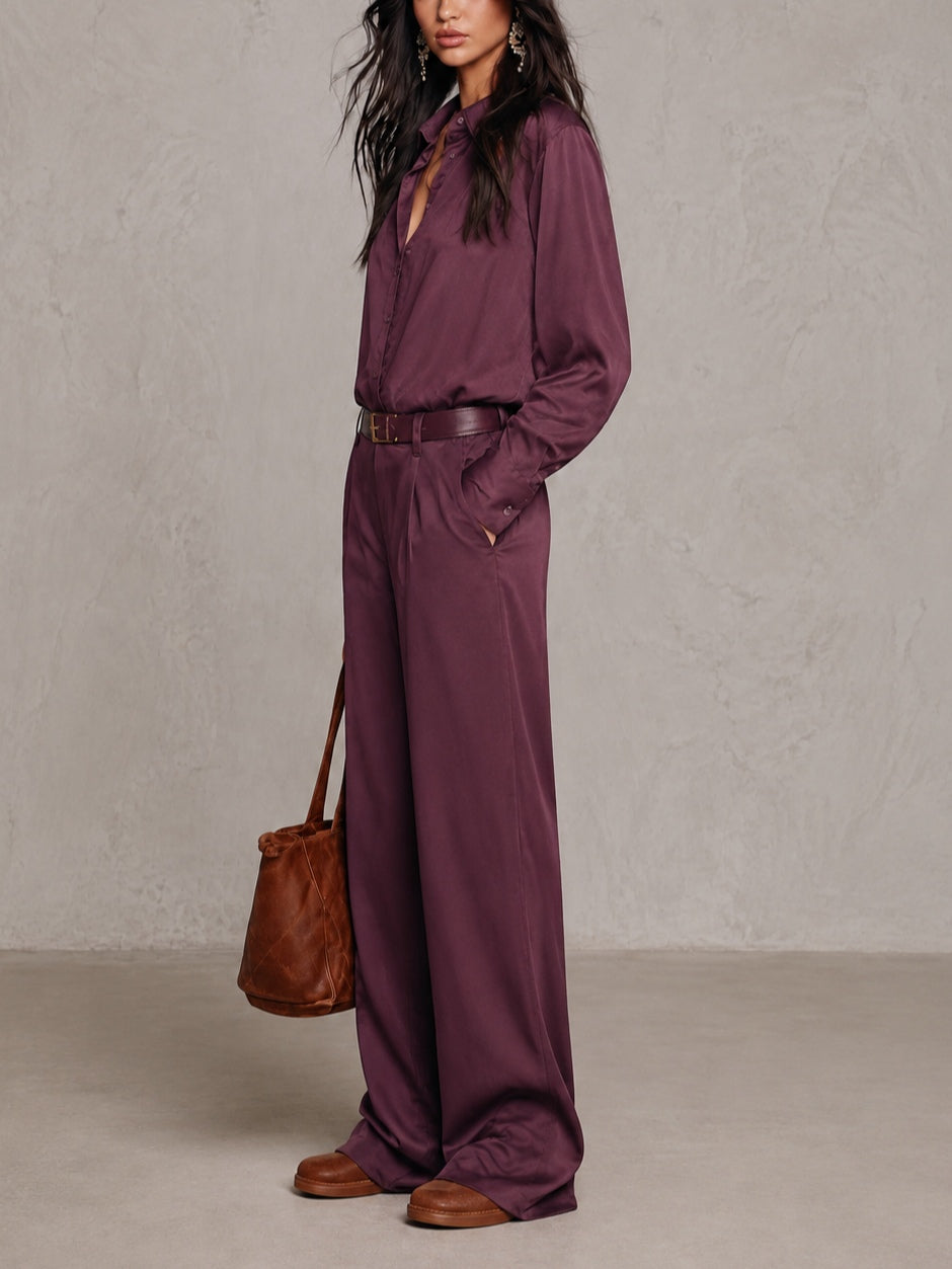 Marcelline | Ensemble Deux Pièces Chemise Satinée et Pantalon Large, Prune (avec Ceinture)