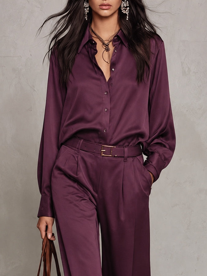 Marcelline | Ensemble Deux Pièces Chemise Satinée et Pantalon Large, Prune (avec Ceinture)