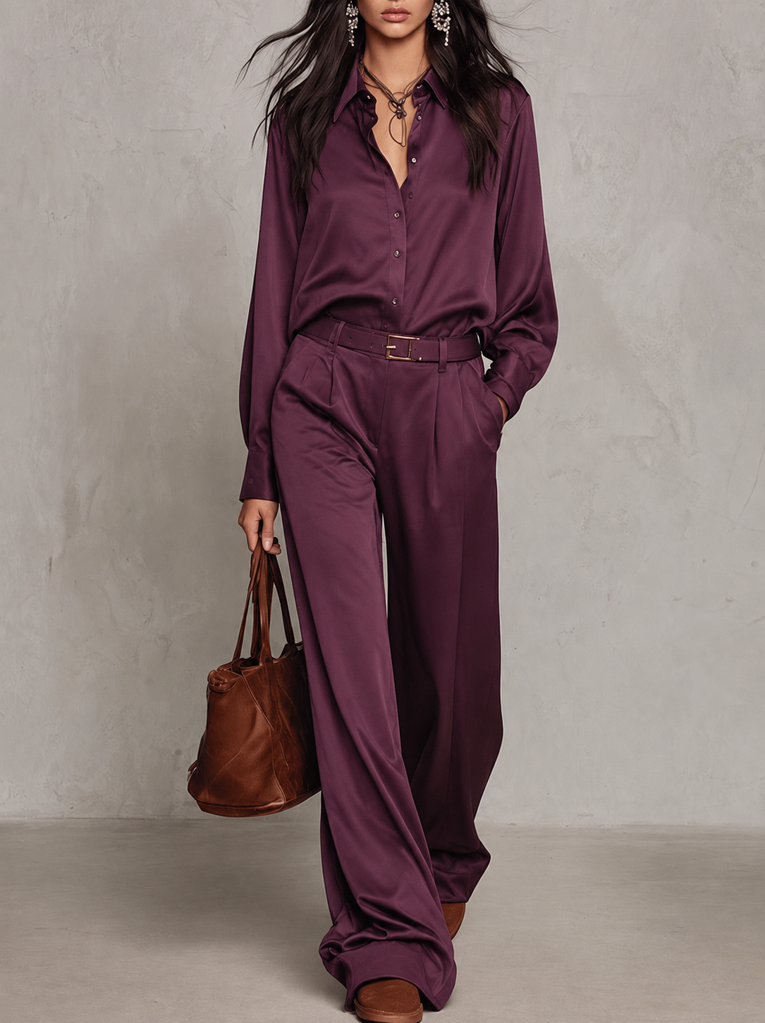 Marcelline | Ensemble Deux Pièces Chemise Satinée et Pantalon Large, Prune (avec Ceinture)