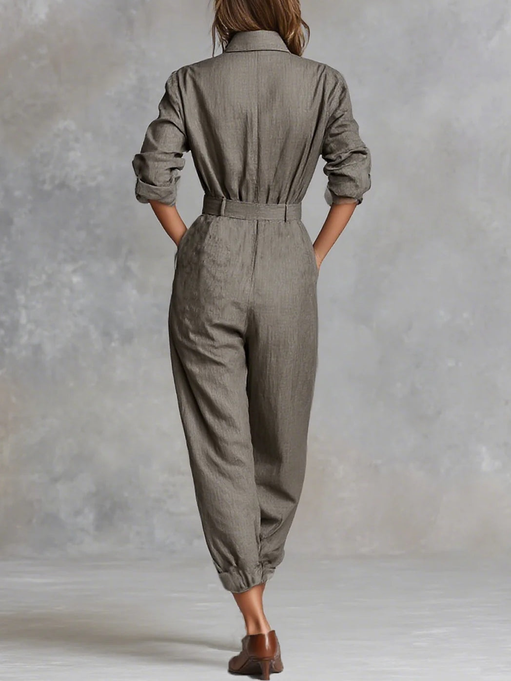 Combinaison Chemise à Manches Longues en Mélange de Coton et Lin