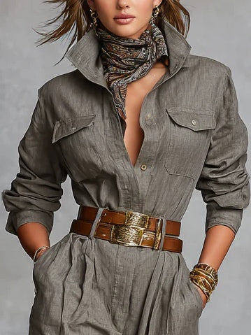Combinaison Chemise à Manches Longues en Mélange de Coton et Lin