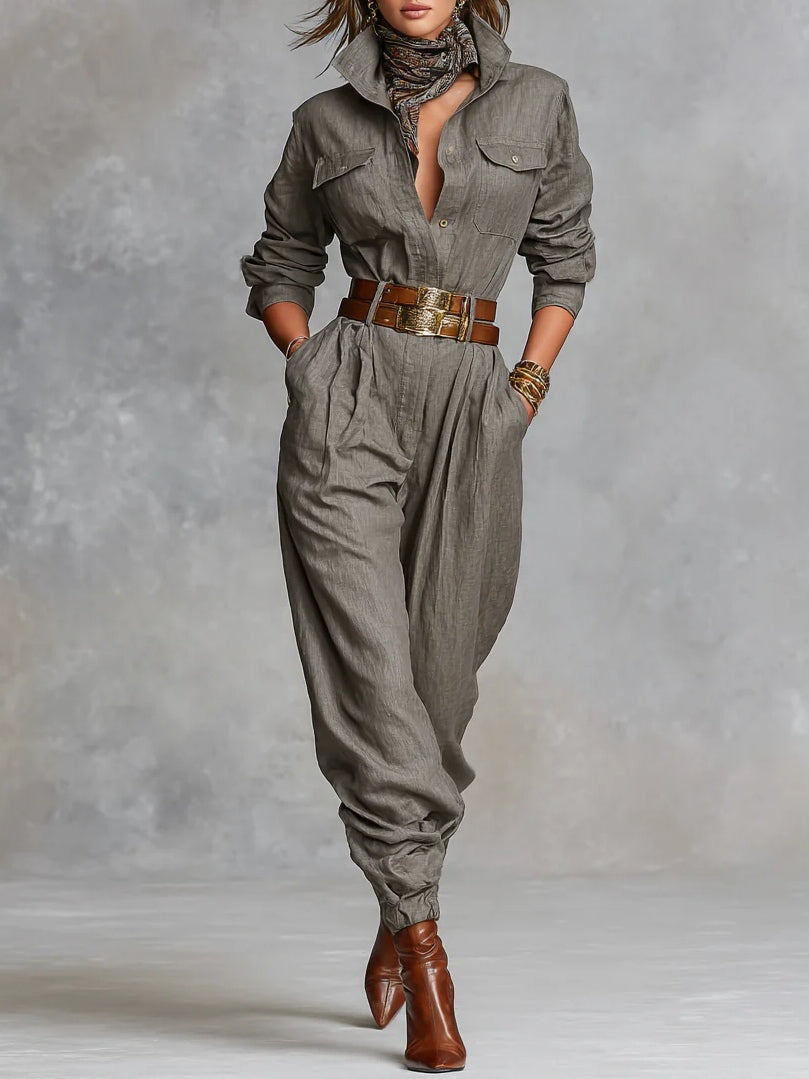 Combinaison Chemise à Manches Longues en Mélange de Coton et Lin