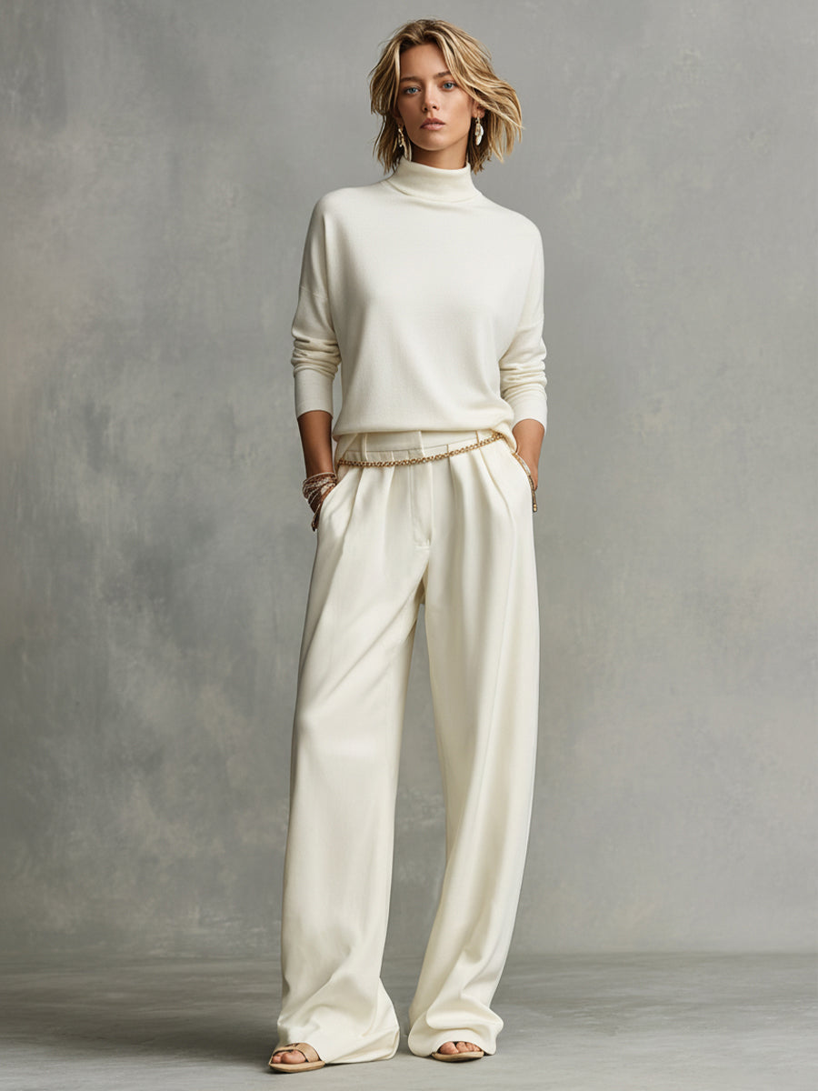 Romane - Ensemble Top Turtleneck Chic Tricot Doux Crème & Pantalon Large Flottant