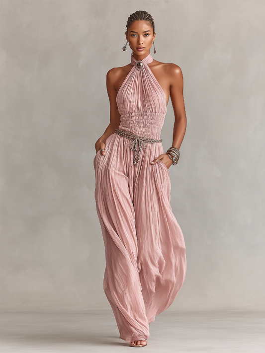 Margaux - Combinaison Plissée Femme en Rose avec Col Halter & Taille Froncée