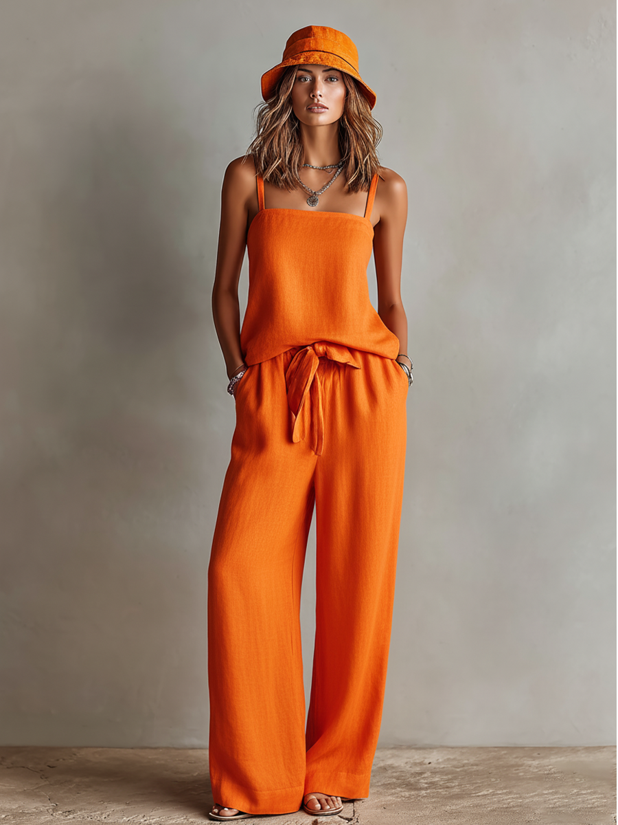 Zoé - Ensemble deux pièces en lin orange pour femme