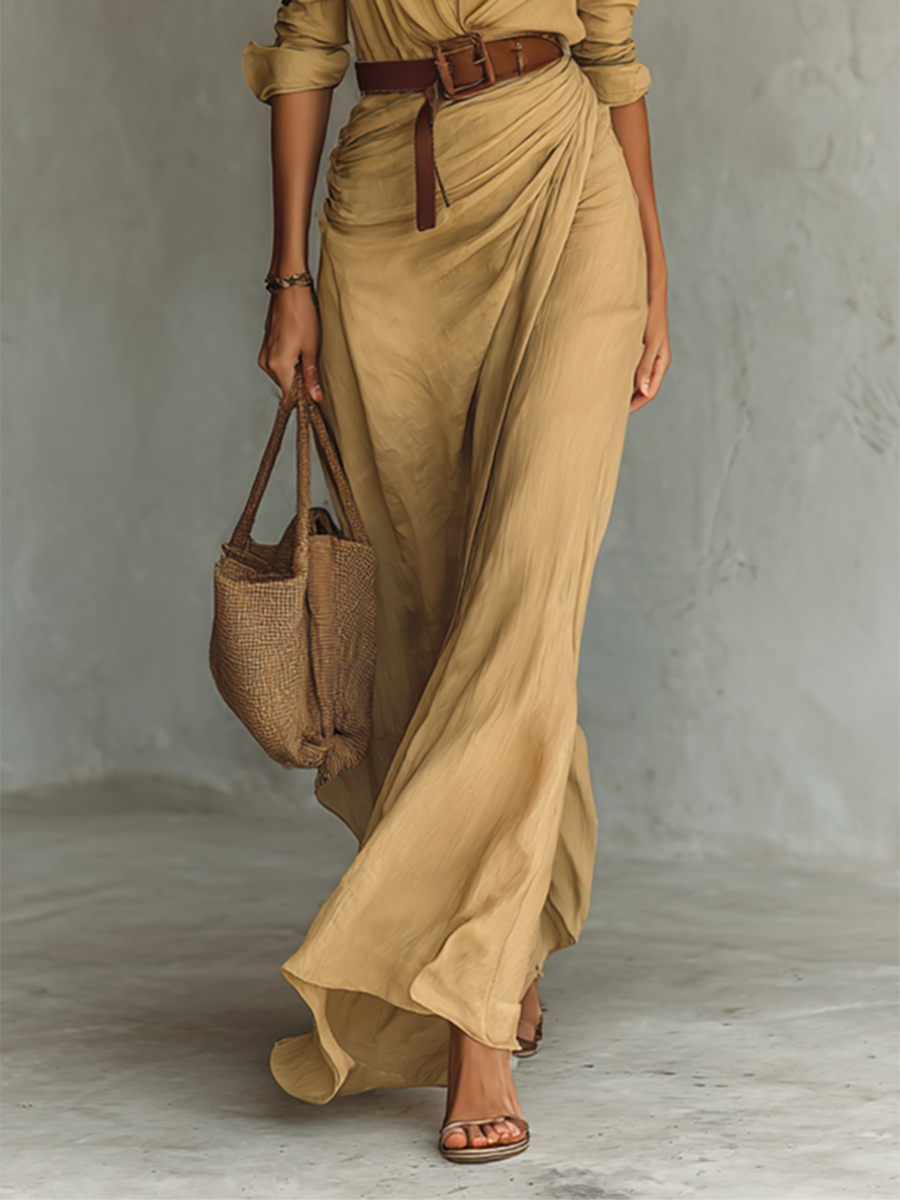 Robe Maxi Longue avec Col Notch et Manches Longues pour Femmes