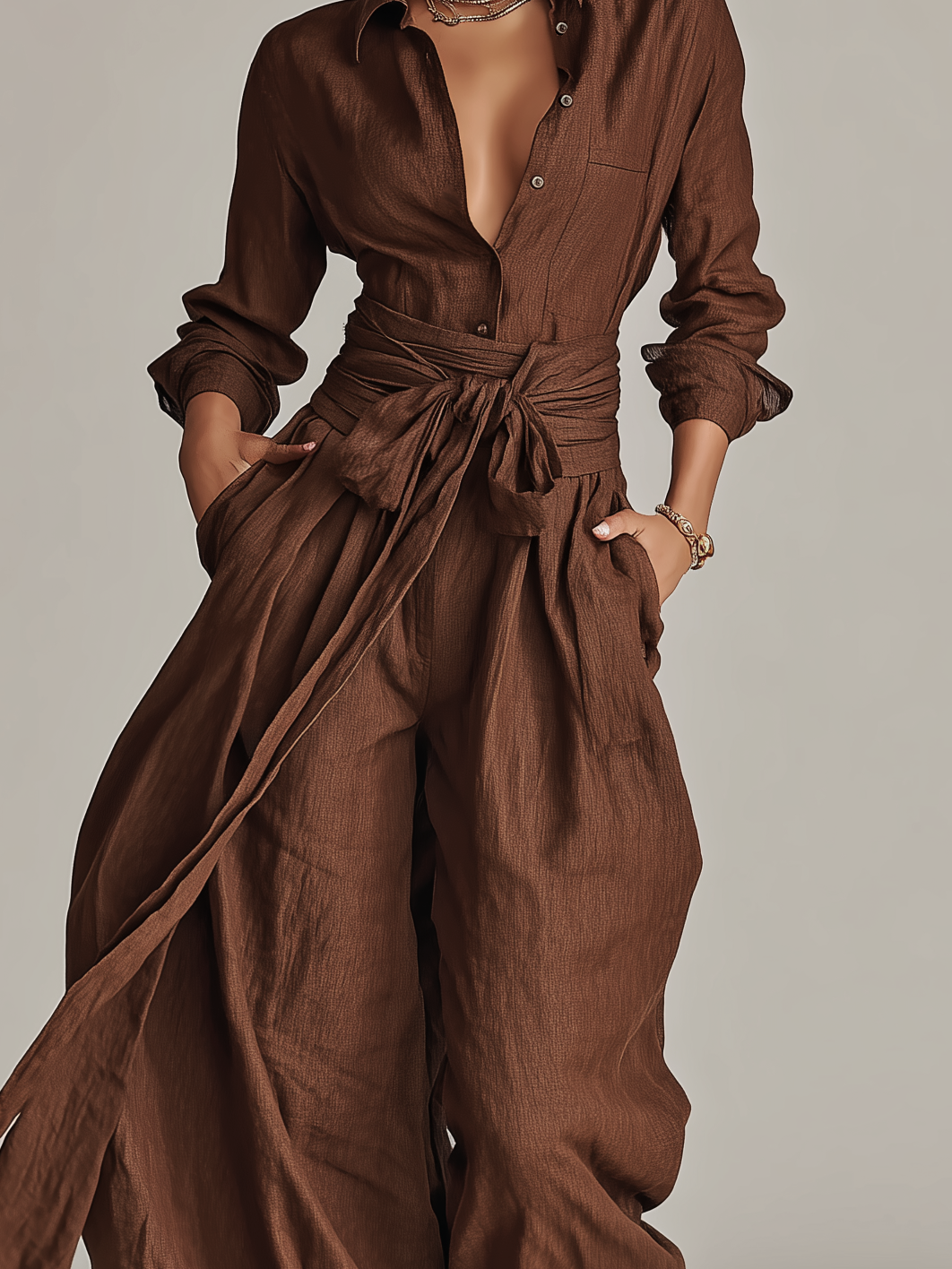Soléane - Combinaison élégante en coton-lin tissée marron à manches longues et col chemise avec ceinture