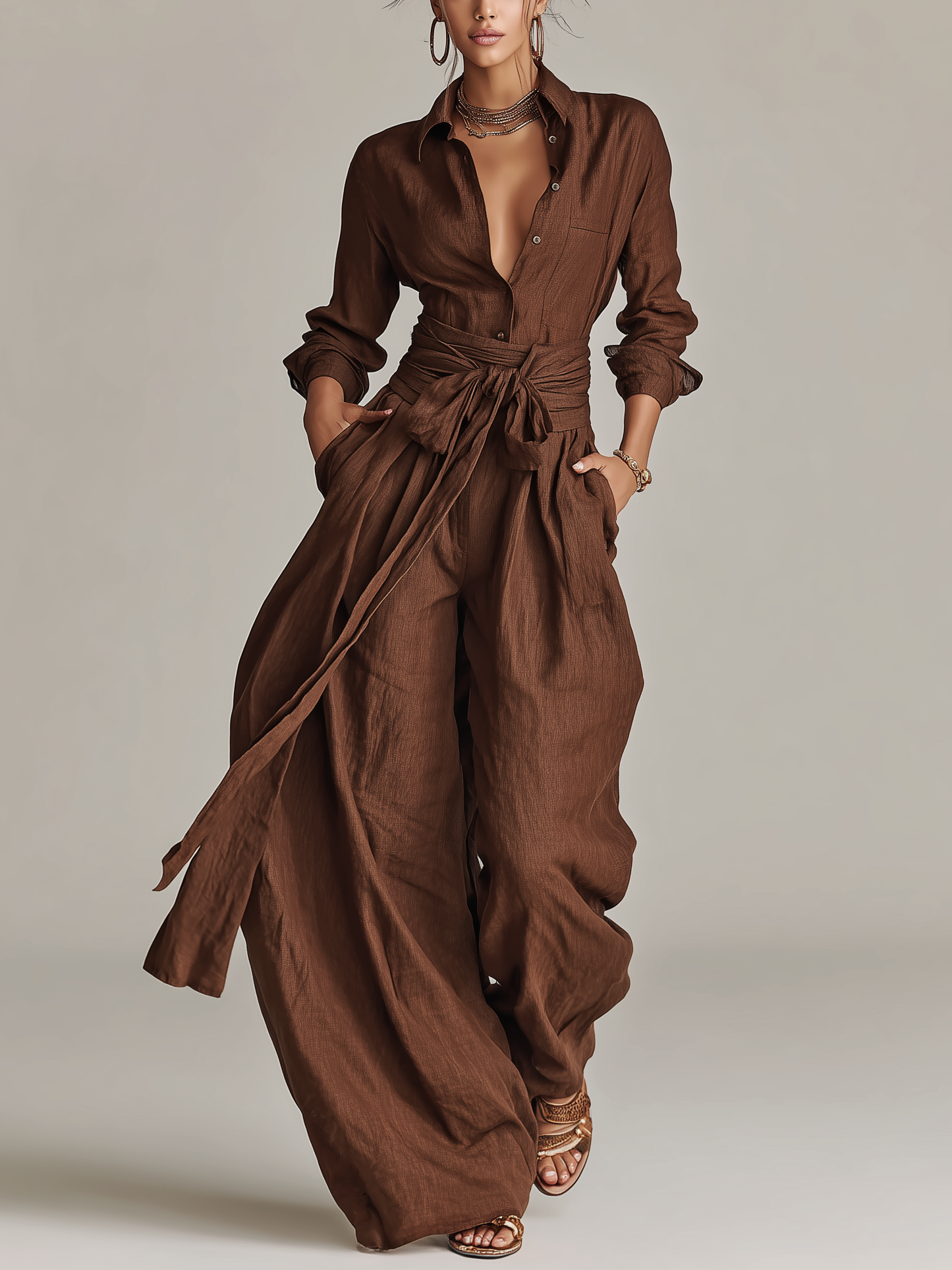 Soléane - Combinaison élégante en coton-lin tissée marron à manches longues et col chemise avec ceinture