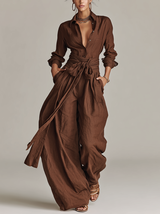 Soléane - Combinaison élégante en coton-lin tissée marron à manches longues et col chemise avec ceinture