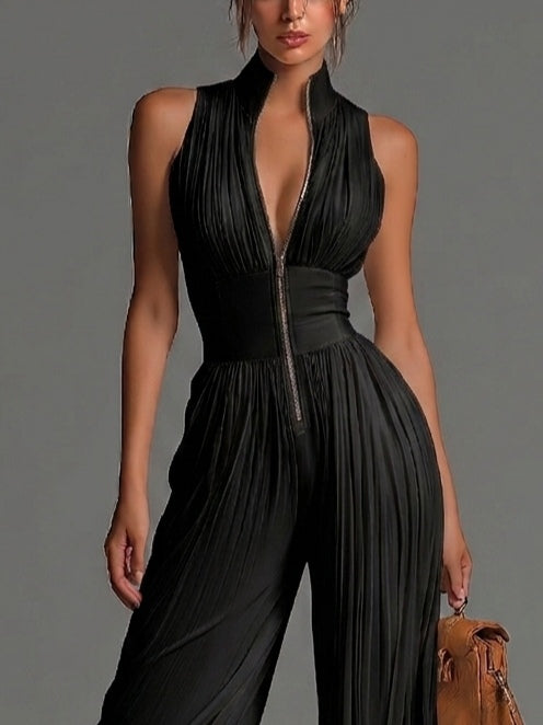 Combinaison sans manches à col en V noir avec zip et plis, jambes larges en chiffon
