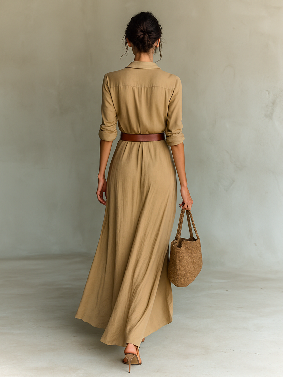 Robe Maxi Longue avec Col Notch et Manches Longues pour Femmes