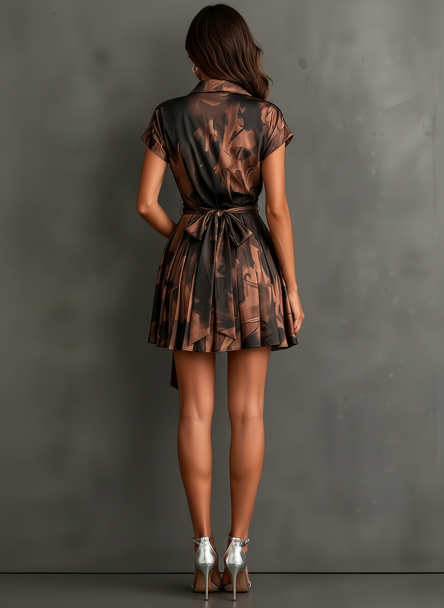 Marlène | Robe Mini Portefeuille en Imprimé Abstrait, Marron