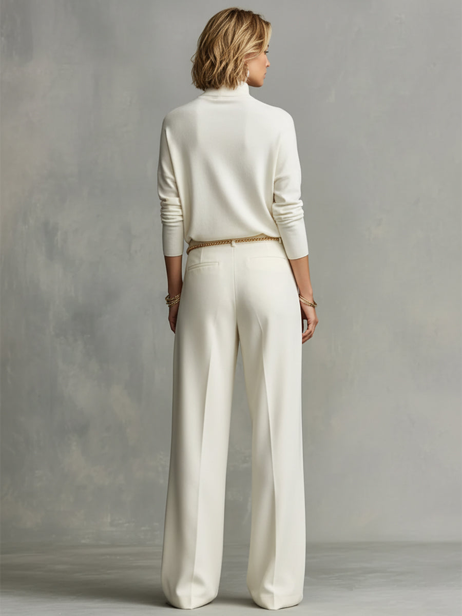 Romane - Ensemble Top Turtleneck Chic Tricot Doux Crème & Pantalon Large Flottant