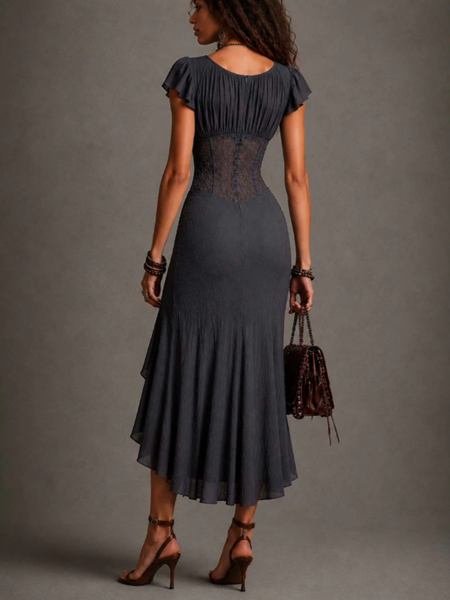 Ludmilla | Robe Midi en Dentelle et Chiffon avec Décolleté en V, Gris Anthracite