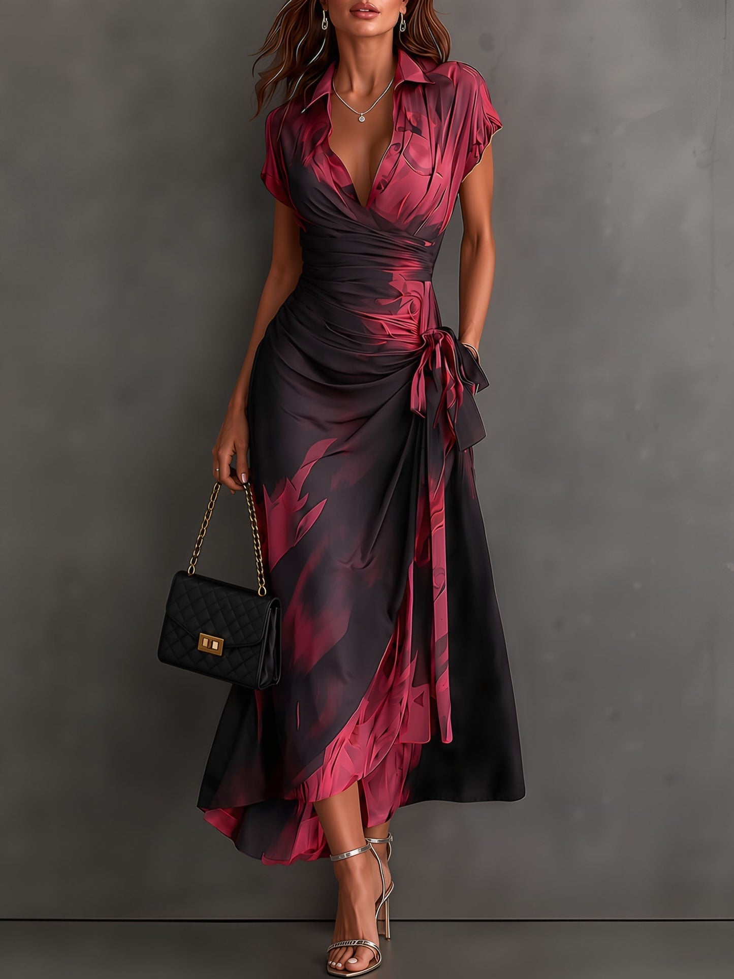 Gwendoline | Robe Midi Portefeuille en Imprimé Abstrait, Bordeaux