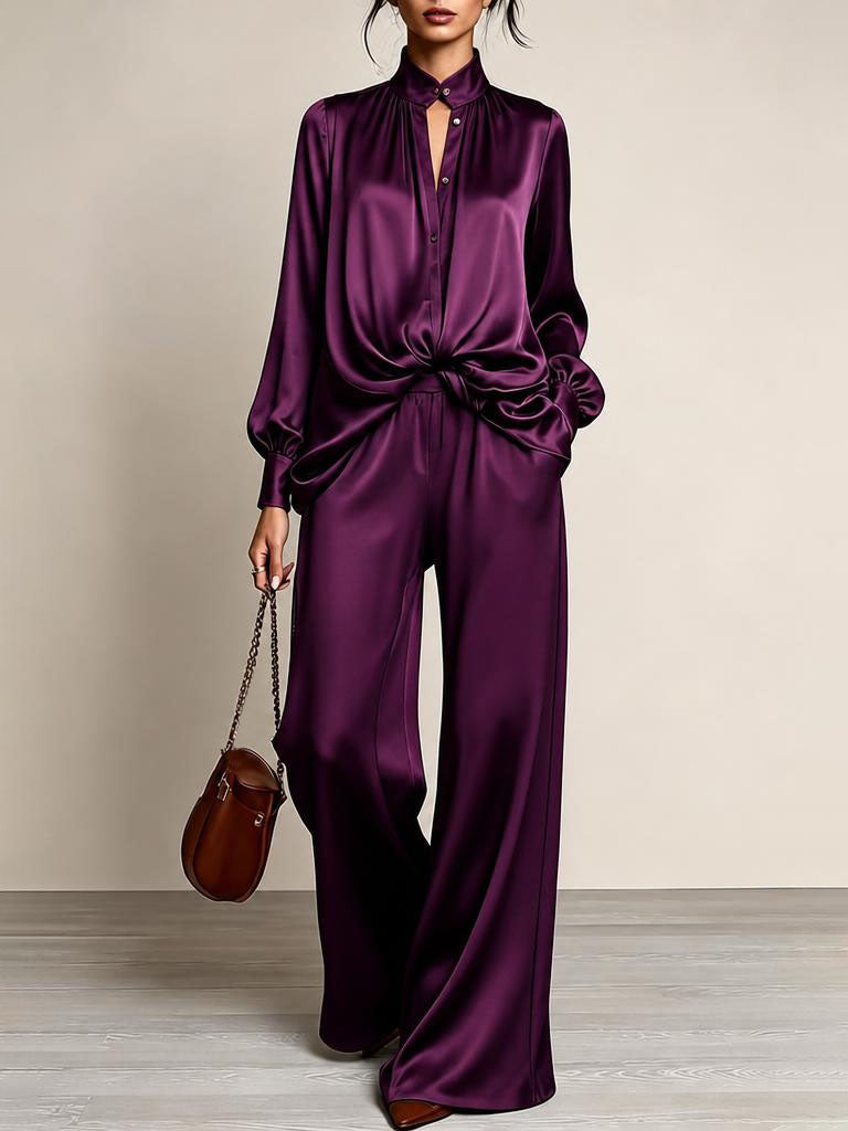 Marie | Ensemble Deux Pièces Chemise Satinée à Col Montant et Pantalon Large, Violet