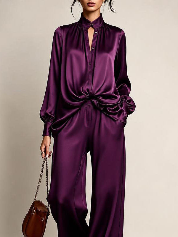 Marie | Ensemble Deux Pièces Chemise Satinée à Col Montant et Pantalon Large, Violet