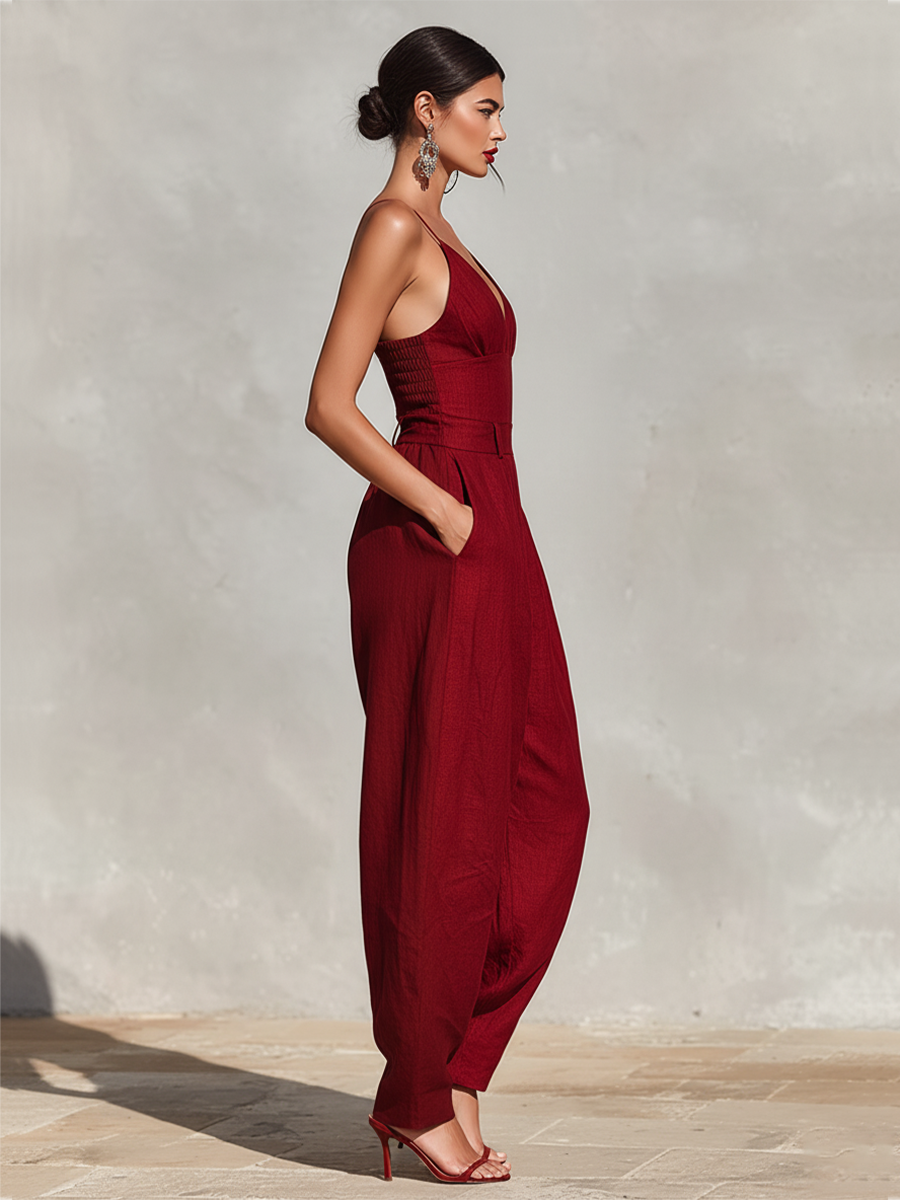 Estelle - Combinaison Rouge en Lin pour Femme avec Bretelles Fines